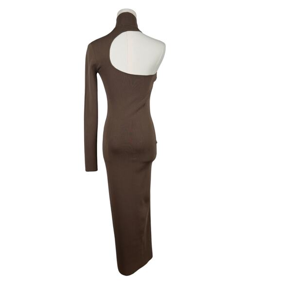 Zara Mink Brown Bandage Knit Asymmetrical Bodycon Midi Dress One Shoulder SMALL - Picture 4 of 8